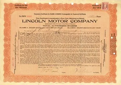 Lincoln Motor Co. Signed By W. T. Nash And W. C. Leland - Stock Certificate - Au • $230