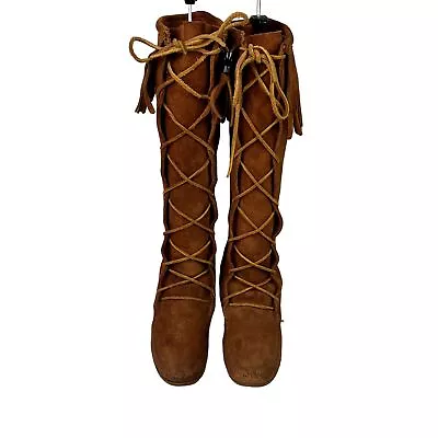 Minnetonka 1422 Brown Leather Fringe Knee High Lace Up Moccasin Boots Size:7 • $38.97
