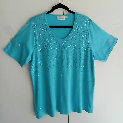 Quacker Factory Womans Turquoise Sequin Short Sleeve Pullover T-Shirt Size XL • $13.88