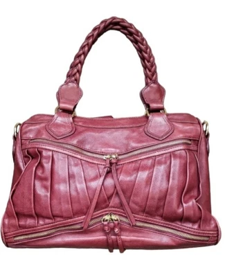 $10.45 • Buy Treesje Cranberry Red Pleated Double Handle Leather Satchel W/ Gold Hardware 