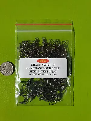 100x DFS Size 8 Crane Rolling Fishing Swivels With COASTLOCK SNAP Black Nickel • $14.30