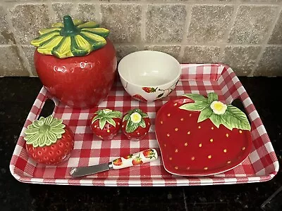 Strawberry Cookie Jar Salt & Pepper Bowl Spreader 2 Trays Plate Ceramic 2pc • $34.99