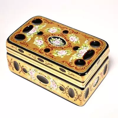 Murano Italian Cut Black Glass 24k Gilt Enamel Rose Painted Vanity Casket Box • $275