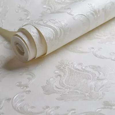 £12.90 • Buy Ivory White Embossed Damask Wallpaper Textured Floral Patterned Solid Color