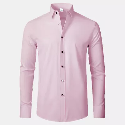 Mens High Elasticity Shirt Long Sleeve Slim Fit Casual Social Formal Shirts • £11.99