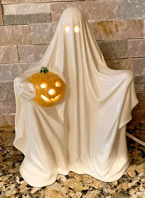 VINTAGE Ceramic Ghost With Pumpkin Lights Up Halloween Decor Jack-O-Lantern Mold • $55.50