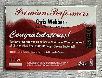 2006 Topps Chrome Chris Webber Premium Performers Game Jersey Relic #123/400 • $5.99