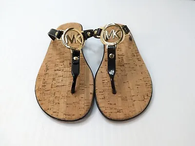 MICHAEL KORS Black Jelly Cork Thongs Flat Sandals Flip Flop Gold US Size 6 EUC • $29.96