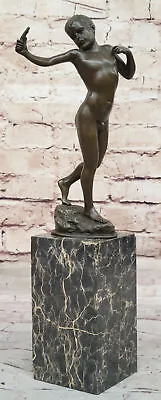 Handcrafted Bronze Sculpture SALE Art Marble Boy With Sling Shot Figurine Statue • $154.50