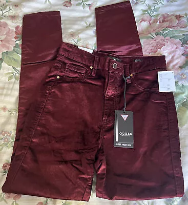 NEW Guess Burgundy Dark Red Super High Waist Skinny Velvet Trousers Size 27 Uk8 • £25