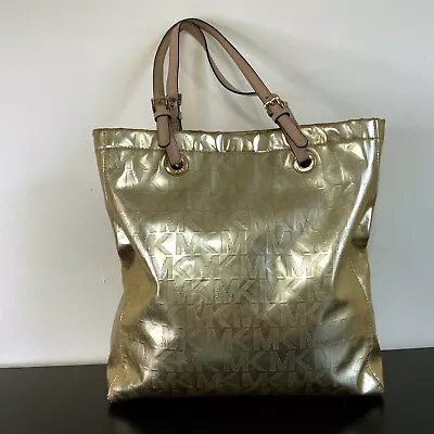 MICHAEL KORS Signature Gold Metallic Tote Bag Leather Straps Size 14x14x4 • $46.75