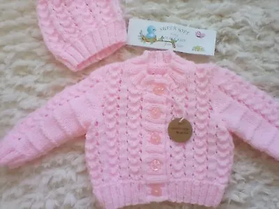 £11 • Buy Hand Knitted Pink Baby Set: Cardigan & Matching Hat- Size 0 - 3 Month
