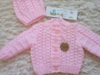 £11 • Buy Hand Knitted Pink Baby Set: Cardigan & Matching Hat- Size 0 - 3 Month