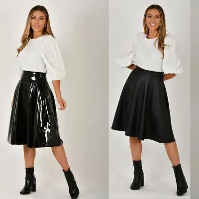 Womens Ladies PVC Leather Skirt Pleated Midi Flared A Line Full Swing High Waist • $31.49