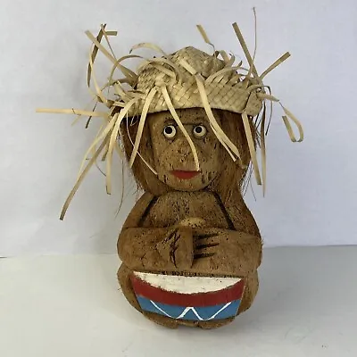 Vintage Hand Carved Coconut Monkey Figure With Glasses Playing Drum Straw Hat • $27