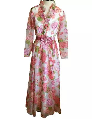 Miss Elliette Dress Size 12 Womens Pink Floral Romantic Maxi Ruffles Vintage 70s • $48.97