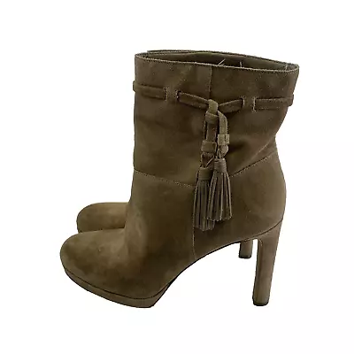 Via Spiga Bristol Pull On Tassel Ankle Boots Tan Suede Leather High Heel Women 8 • $49