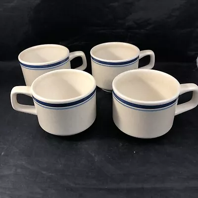 Vintage Blue Striped Coffee Mugs Set Of 4 Marbled Beige 2 Stripe Tea Cups • $20