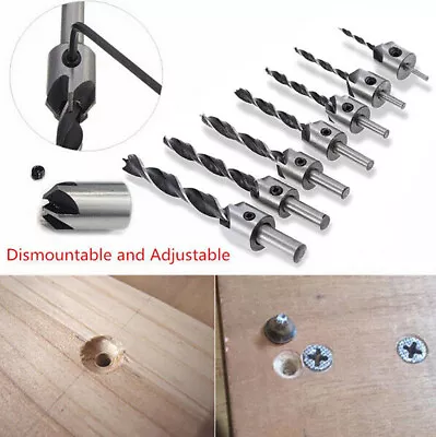 7x HSS 5 Flute Countersink Drill Bit Set Reamer Woodworking Chamfer & Wrench • £5.13