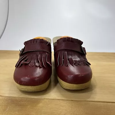 Highlights Vintage 1970 Clogs Red Leather Fringe Platform Size 8.5 Wooden • $45.99