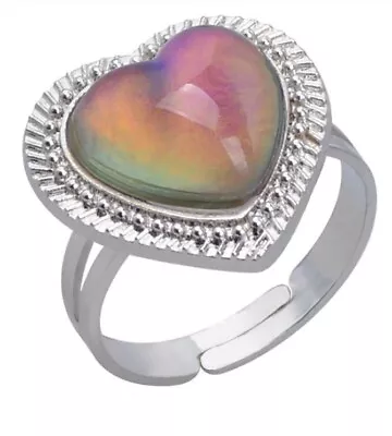 Beautiful Ladies Border Heart Mood Stone Ring - Silver Finish - Adjustable  • $3.99