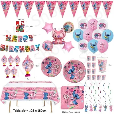 Stitch & Lilo Pink Party Set Kid Birthday Party Decoration  Banner Plates Cloth • £3.99