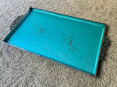 X- Large 21  Vintage Moire Glaze Kyes Teal Chinoiserie Enamel Metal Serving Tray • $55