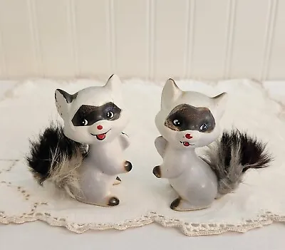 ENESCO Vintage Set Of 2 Raccoon Figurines With Fur Tails Made In Japan  • $14