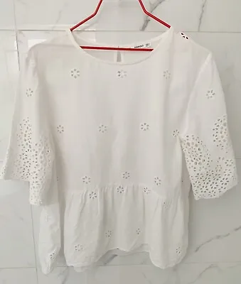 $20 • Buy MNG Mango White Blouse Top With Floral Embroidery Eyelets