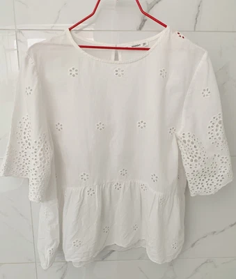 $20 • Buy MNG Mango White Blouse Top With Floral Embroidery Eyelets