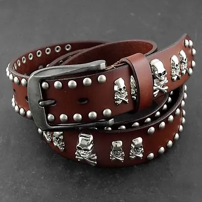 Skull Studded Rivet Genuine Leather Punk Rock Belt Mens Waistband Brown/black • $36