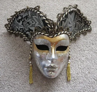Authentic Venetian Carnival Jester Wall Mask Handmade In Italy In Gold & Silver • $55
