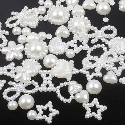 £2.49 • Buy 50 Mixed Cabochons Bow Heart Stars Flat Back Pearls Cute Kawaii Face Gems Beads