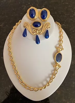 Vintage Trifari Signed Blue Enamel Necklace Pin & Earrings • $120