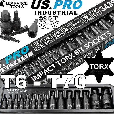 US PRO INDUSTRIAL IMPACT TORX BIT SOCKET SET T6 - T70 1/4  3/8  1/2 Dr TRX 3439 • £14.99