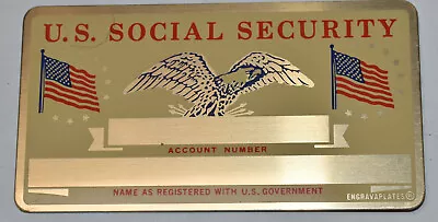 Vintage United States Flag Eagle Engravable Metal Gold Tone Social Security Card • $9.95