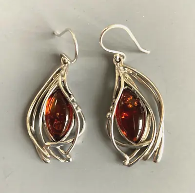 HAGIT Gorali Sterling Silver Golden AMBER Sculpted Pierced Dangle Earrings RARE • $84.99