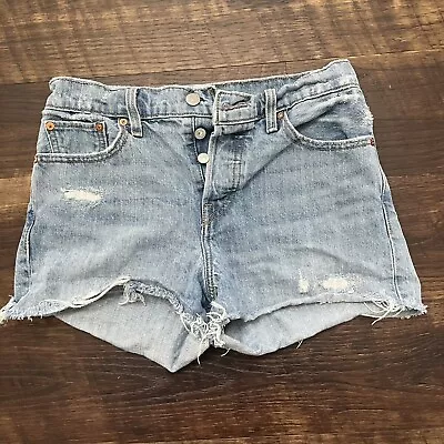 Levi’s Wedgie Button Fly Big E Light Wash Distressed  Denim Jean Shorts 28 • $27.99