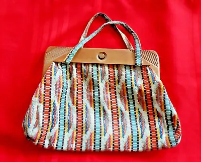 Vintage 1940s Knitting Sewing Bag Wood Handles Purse Or Handbag • $24