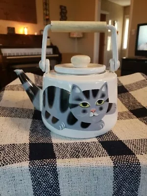 Vintage Signed Martin Leman White Enamel Teapot Tea Kettle Kitty Cat & Ball  • $30