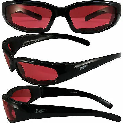 MotoFrames Chill Padded Motorcycle Riding Glasses Black Frames Anti-Fog Red Lens • $11.99