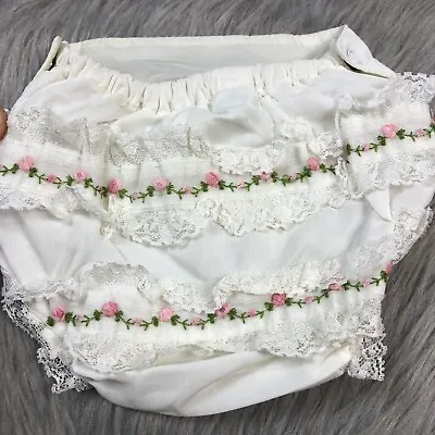 Vintage Baby Girls Plastic Lined White Pink Lace Ruffle Floral Bloomers  • $30