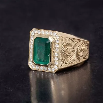 2.58 Ct Natural Green Emerald & Diamond Men's Wedding Ring Solid 14K Yellow Gold • $2053.12