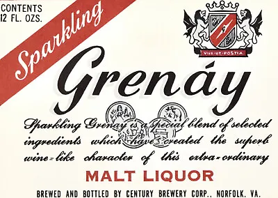 $14.99 • Buy 1960's Grenay Sparkling Malt Liquor Label Norfolk VA Vintage