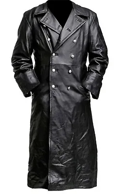 Mens German Classic Military Uniform Black Leather Trench Long Coat • $195.99