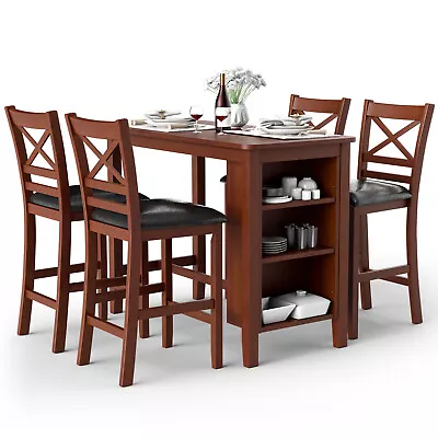 Costway 5PCS Pub Dining Table Set W/ 4 Upholstered Chairs & Storage Shelves • $499