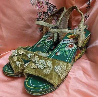 1940s Sweetheart Souvenir Hand Carved Wood Shoes W Embroidery  • $214.11