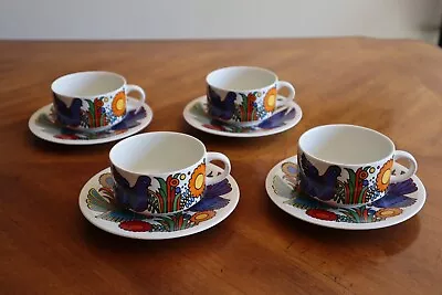 Lot Of 4x Villeroy & Boch ACAPULCO Flat Cups With Saucers 3.5  Dia Birds Flowers • $80