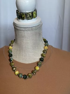 Viva Beaded Necklace & Bracelet Stretch Flower Mosaic Handmade Clay Silver Tone • $29.99
