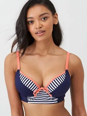 Pour Moi Sea Breeze Strip Longline Underwired Bikini Top Navy Blue Size 38H • £24.99